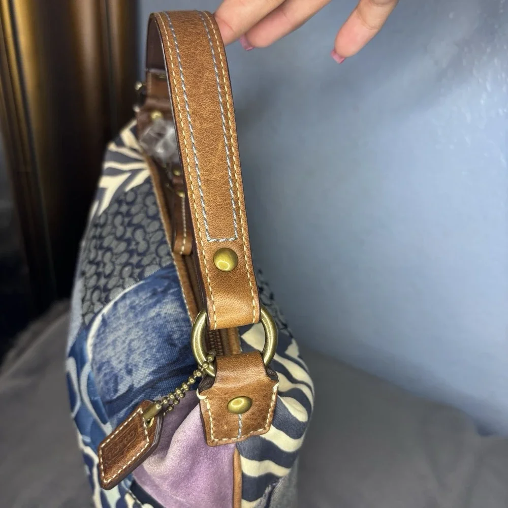 Vtg Coach Patchwork Denim Blue Brown Multicolor Shoulder Bag Leather Handle